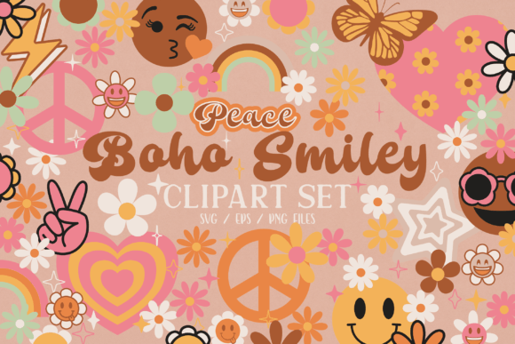 Boho Retro Happy Smiles Clipart SVG: Graphics & Illustrations