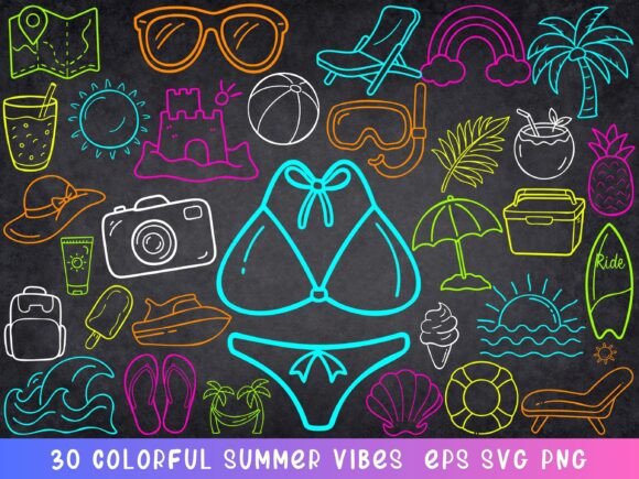 Colorful Summer Clipart Neon Beach SVG Graphics Review