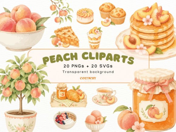 Peach Watercolor Cliparts & Desserts PNG Graphics