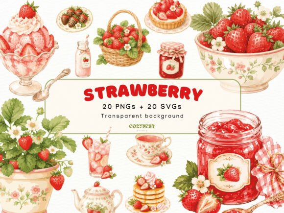 Strawberry Watercolor Cliparts: Graphics & Illustrations